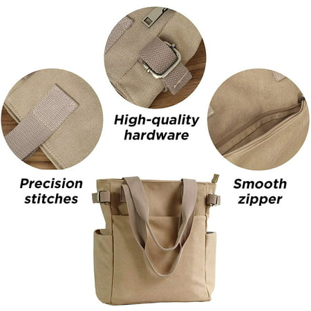 Women’s Canvas Book Tote Bag with Pockets Zipper for Library School Work Small Handbag 